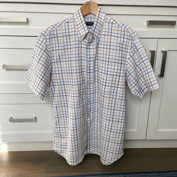 CANALI SS Designer Luxury 100% Cotton Check Shirt Made in Italy Wht Blue Tan M - Picture 1 of 13